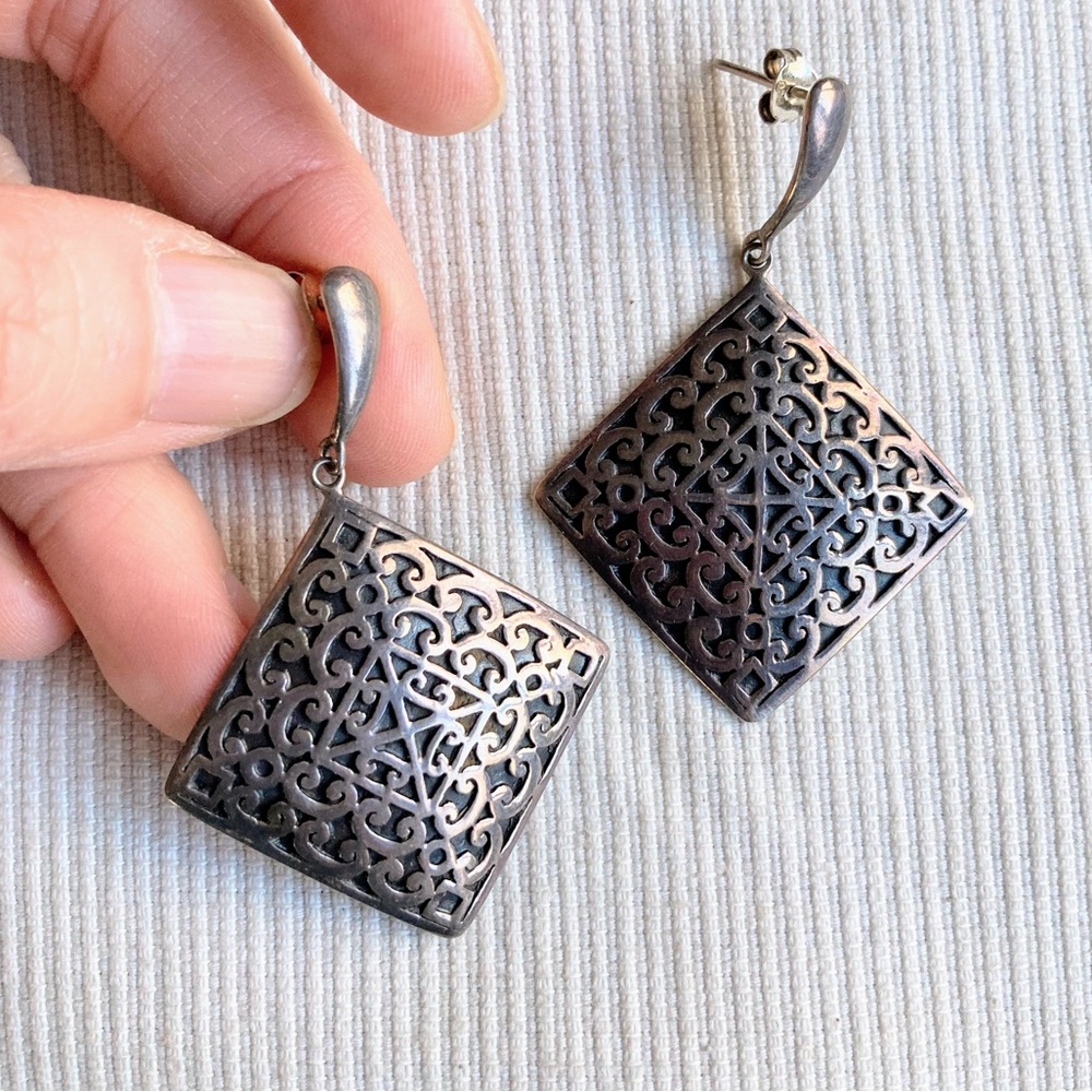 Vintage Sterling 925 Thai Silver Handmade Dangling Etched Large Earrings